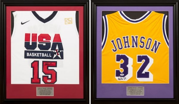 Magic Johnson Signed Los Angeles Lakers and Team USA jerseys in 22 ½ x 26 ½-inch Framed Displays